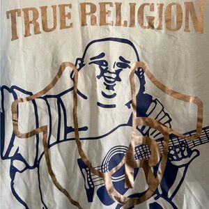 True Religion White Tee with Blue and Gold Graphic